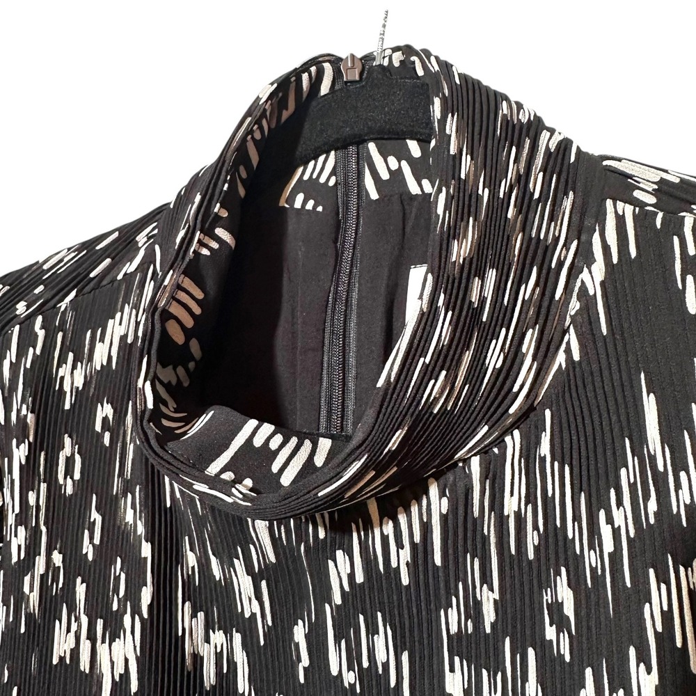 Essentiel Antwerp Astatic Pleated Mock Neck Bishop Sleeve Dress Black White 40 - Picture 4 of 13